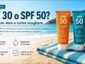 Due tubetti di crema solare, SPF 30 e SPF 50, su una spiaggia. Guida completa per scegliere il giusto fattore protezione solare.