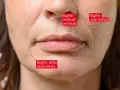 Primo piano del volto di una donna che mostra cosa sono le rughe: naso-labiali, verticali periorali e della marionetta.