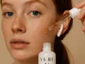 Una goccia di **siero** cade sul viso di una donna con lentiggini. La domanda è: **prima siero o crema**?