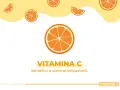 Arance stilizzate e testo "Vitamina C benefici e controindicazioni". Informazioni utili sulla vitamina C sulla pelle.