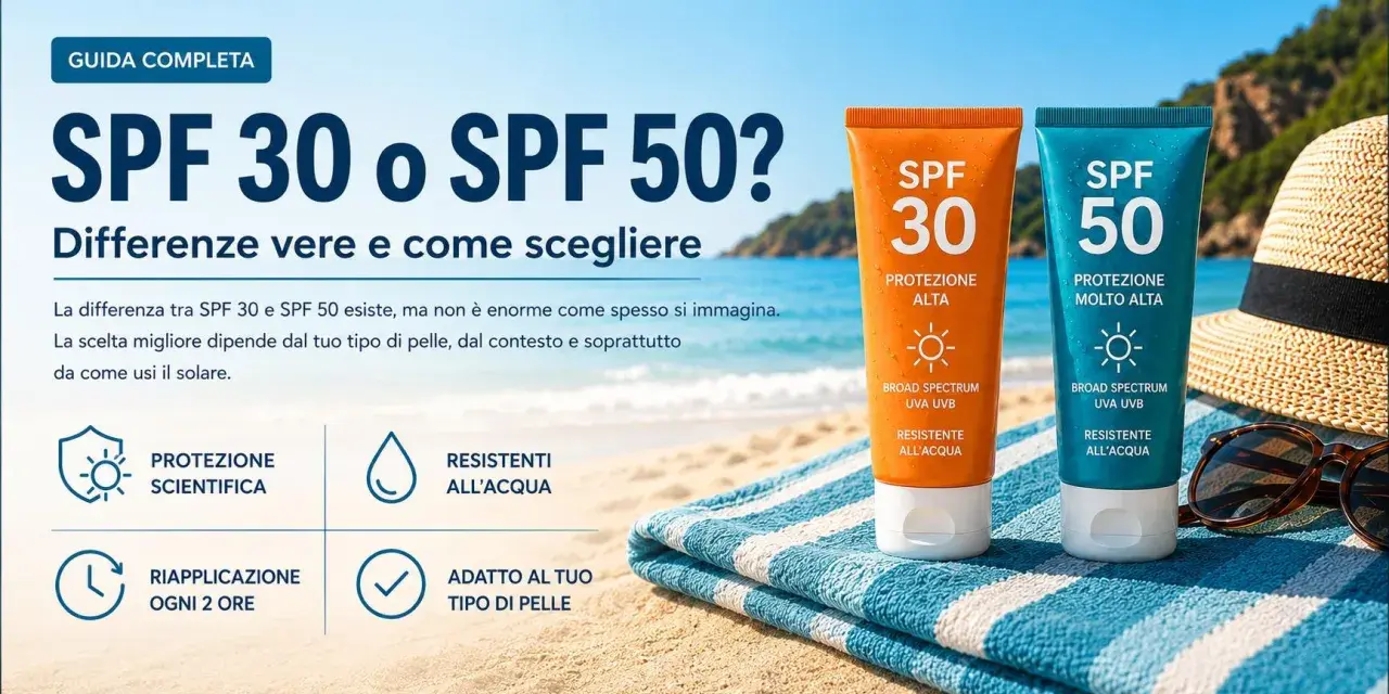Due tubetti di crema solare, SPF 30 e SPF 50, su una spiaggia. Guida completa per scegliere il giusto fattore protezione solare.