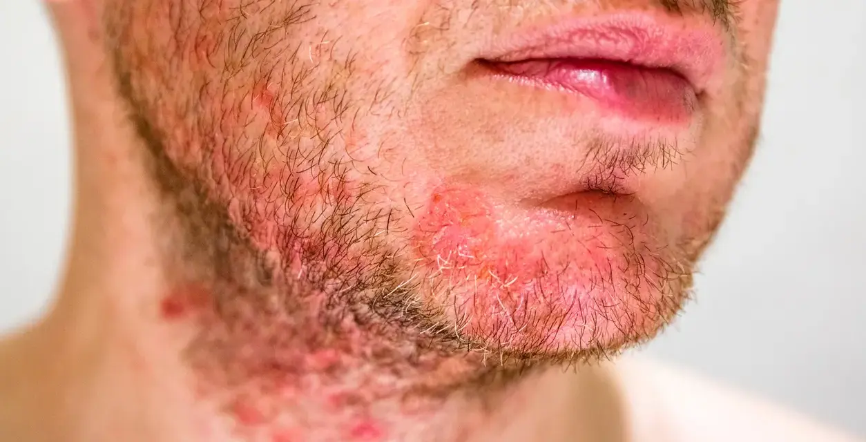 Primo piano di un uomo con dermatite viso, arrossamento e irritazione sulla barba e sul collo.