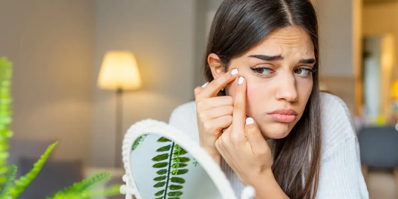 Ragazza preoccupata si tocca un brufolo sul viso, riflettendosi in uno specchio. La tentazione di schiacciarli è forte, ma la cura della pelle è importante.