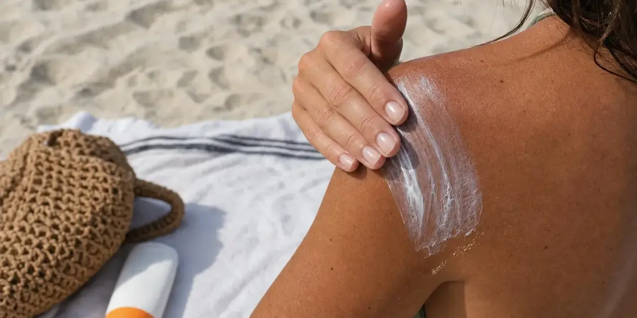 Protezione solare sulla spalla abbronzata, un gesto per prendersi cura della pelle e della melanina.
