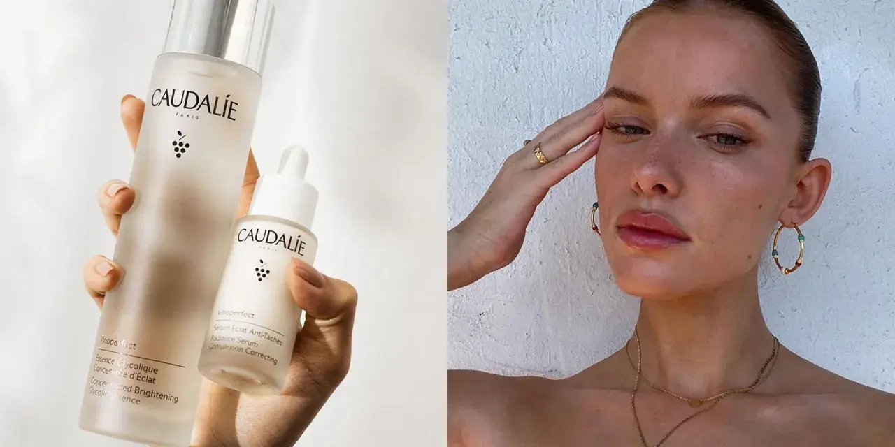 Come applicare il siero viso Caudalie per una pelle radiosa. La mano tiene due flaconi del prodotto, uno più grande e uno con contagocce.