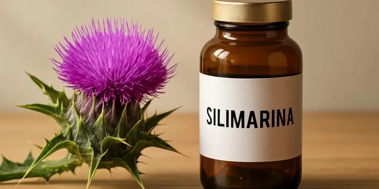 Fiore di cardo e flacone con etichetta "SILIMARINA". Scopri cos'è la silimarina e i suoi benefici.