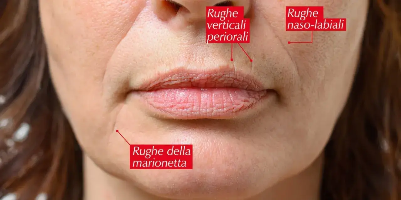 Primo piano del volto di una donna che mostra cosa sono le rughe: naso-labiali, verticali periorali e della marionetta.