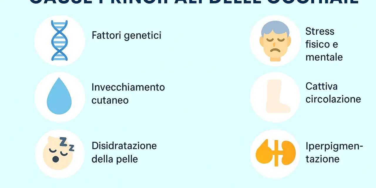 Le occhiaie a cosa sono dovute? Cause: genetica, invecchiamento, disidratazione, stress, cattiva circolazione, iperpigmentazione.