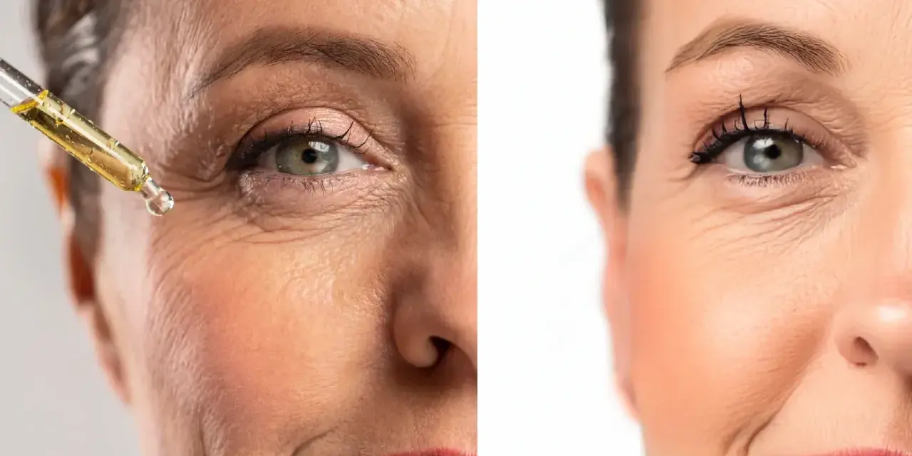 Prima e dopo: un siero dona alla pelle luminosa un aspetto più giovane e levigato.