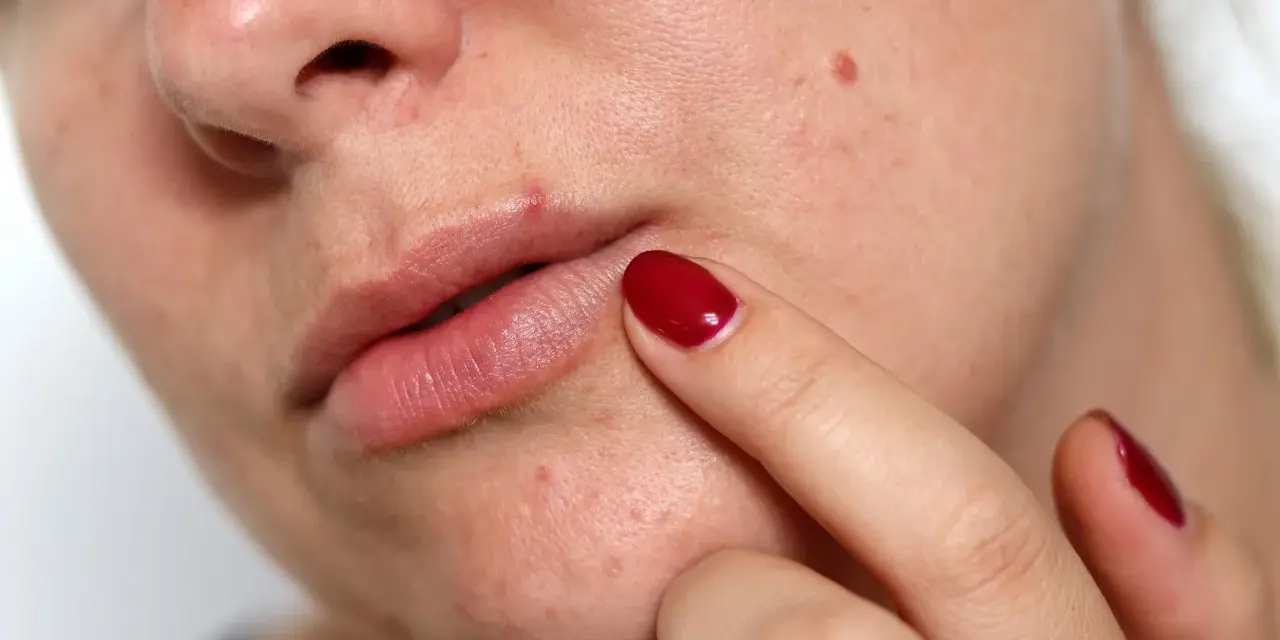 Un dito con smalto rosso tocca un piccolo brufolo sul labbro superiore, evidenziando la texture della pelle.