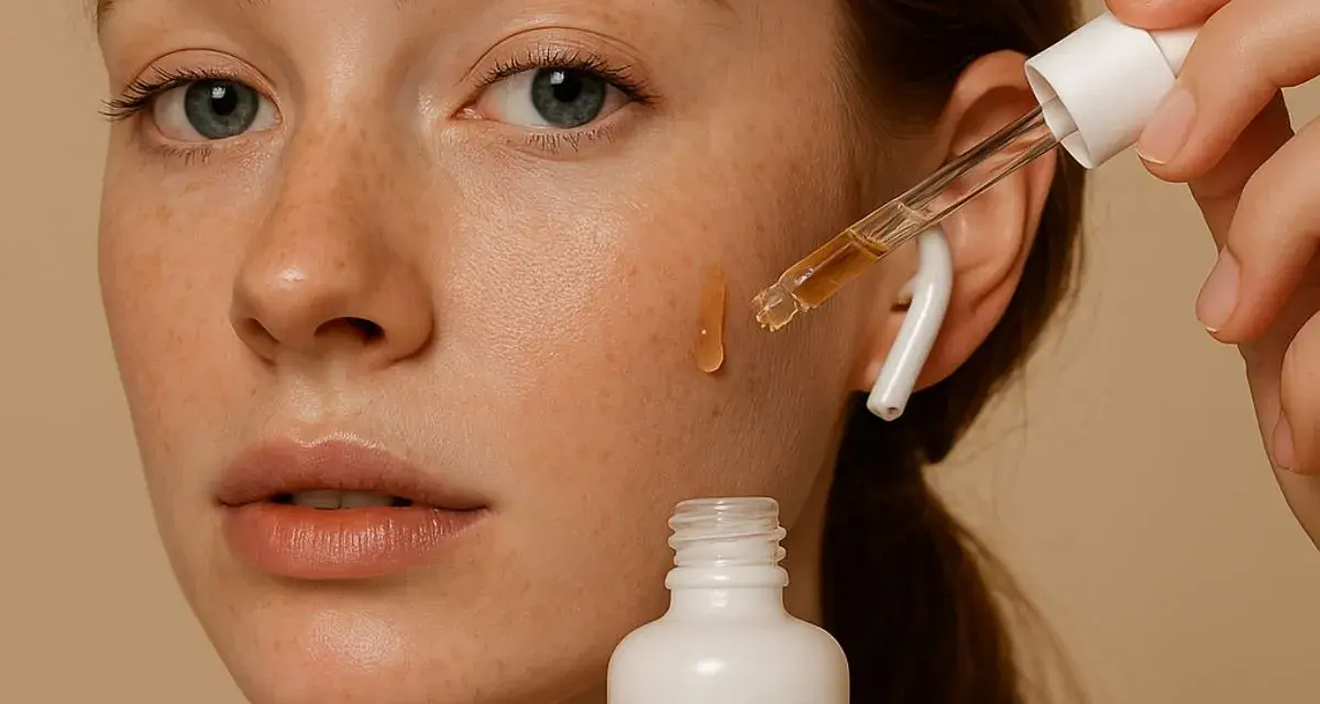 Una goccia di **siero** cade sul viso di una donna con lentiggini. La domanda è: **prima siero o crema**?