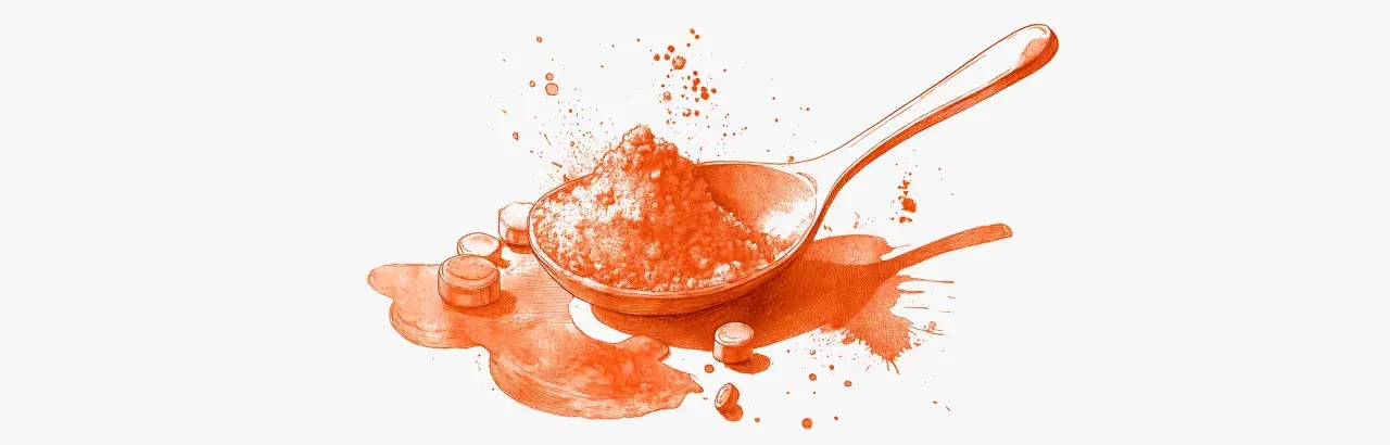 Cucchiaio pieno di polvere arancione, gocce e pillole. Un'illustrazione che evoca la domanda: quanti tipi di collagene esistono?