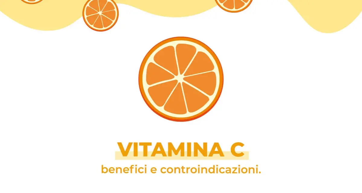 Arance stilizzate e testo "Vitamina C benefici e controindicazioni". Informazioni utili sulla vitamina C sulla pelle.