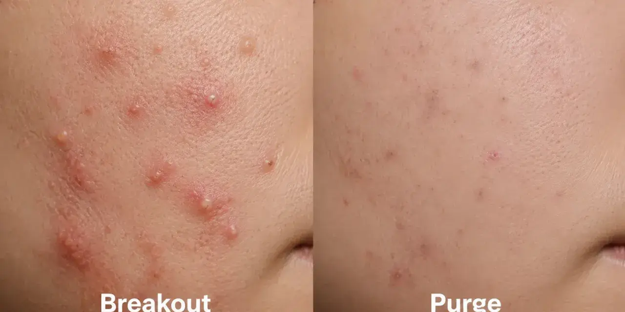 Confronto tra pelle con breakout e papule acne e pelle in fase di "purge", con miglioramento visibile.