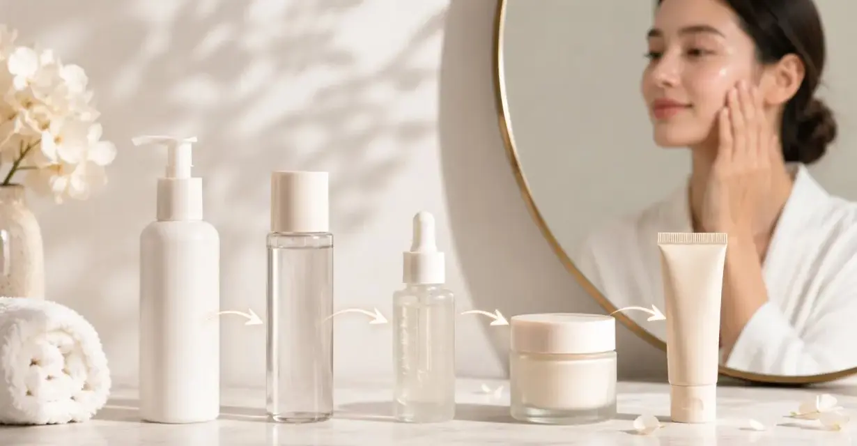 Passaggi skincare serale: flaconi, siero, crema e una donna che si accarezza il viso riflessa nello specchio.
