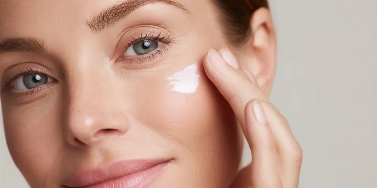 Donna applica crema contorno occhi, contrastando l'invecchiamento precoce a 60 anni. Pelle luminosa e idratata.