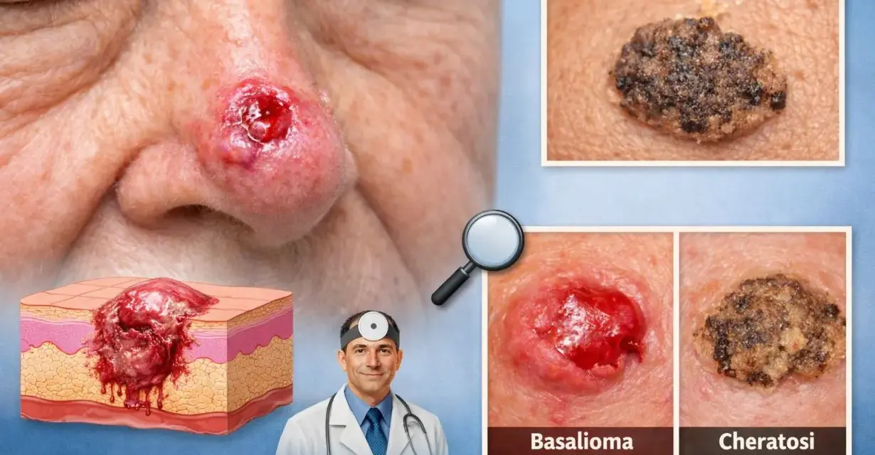 Basalioma sul naso, con sezione anatomica e confronto con cheratosi, una macchia scura dopo crosta.