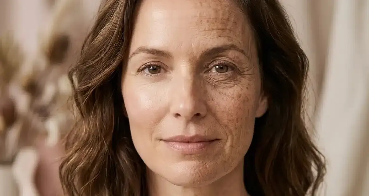 Il volto di una donna diviso a metà: da un lato pelle giovane e luminosa, dall'altro segni evidenti che il sole invecchia la pelle.