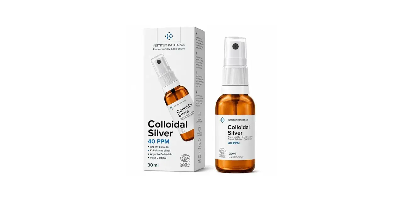 Flacone spray e scatola di argento colloidale Institut Katharos 40 PPM. Scopri a cosa serve questo prodotto naturale.