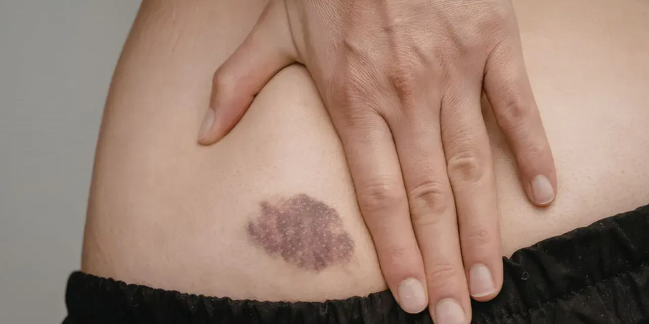 Mano che copre una macchia scura sulla pelle, possibile ipopigmentazione.