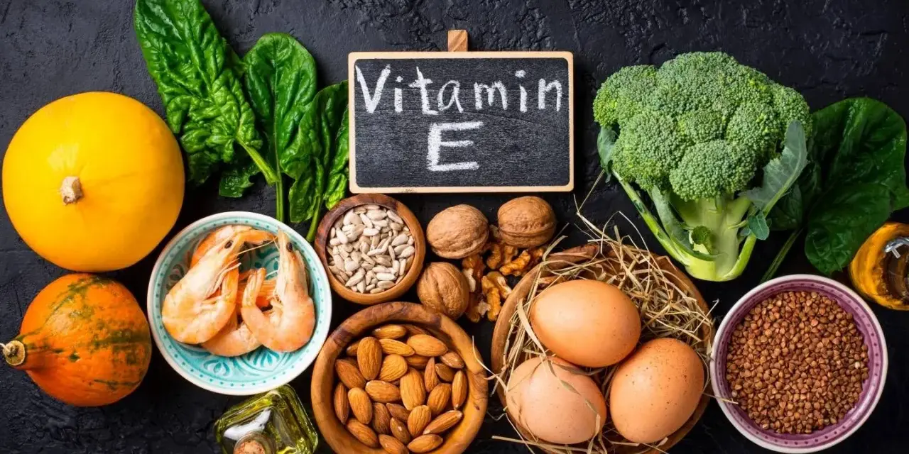 Alimenti ricchi di vitamina E: zucca, spinaci, gamberi, mandorle, semi di girasole, noci, uova, broccoli, grano saraceno e olio.