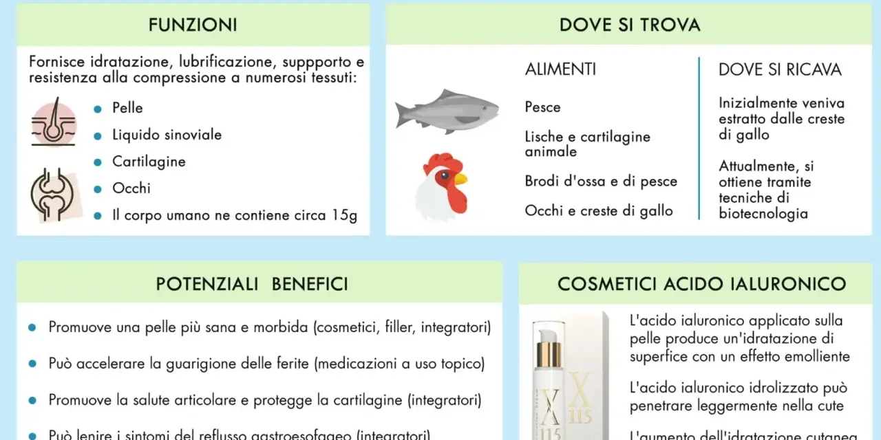 L'acido ialuronico idrata pelle, articolazioni e occhi. Si trova in alimenti e cosmetici, migliorando elasticità e rughe.