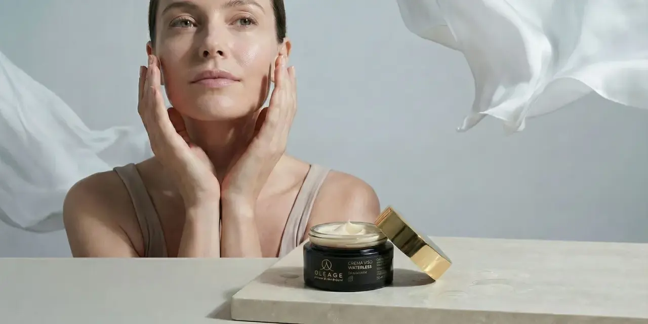 Donna con mani sul viso, vicino a un vasetto di crema. Soluzione per pelle secca viso rimedi.