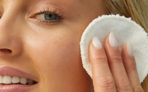 Viso di donna bionda con pelle luminosa, mentre rimuove il trucco con un dischetto. La sua pelle sembra liscia come grani di miglio bucarli.