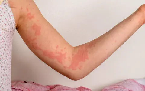 Braccia con eruzioni cutanee rosse e gonfie, segno di un forte prurito nervoso.