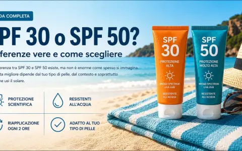 Due tubetti di crema solare, SPF 30 e SPF 50, su una spiaggia. Guida completa per scegliere il giusto fattore protezione solare.