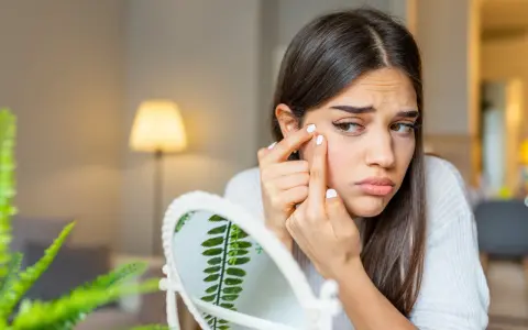 Ragazza preoccupata si tocca un brufolo sul viso, riflettendosi in uno specchio. La tentazione di schiacciarli è forte, ma la cura della pelle è importante.
