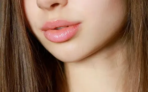 Labbro superiore leggermente gonfio al mattino, con un lucidalabbra rosa brillante. Capelli castani lunghi incorniciano il viso.