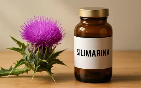 Fiore di cardo e flacone con etichetta "SILIMARINA". Scopri cos'è la silimarina e i suoi benefici.