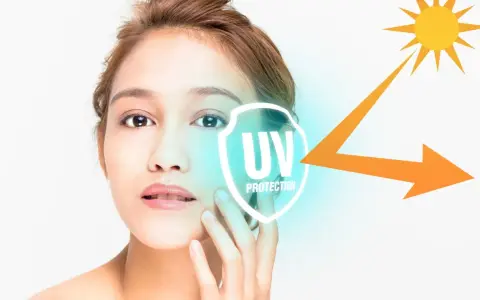Volto di donna con simbolo di protezione UV e sole. La cura della pelle è fondamentale per ogni fototipo.