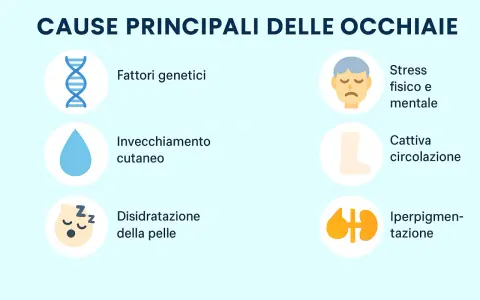 Le occhiaie a cosa sono dovute? Cause: genetica, invecchiamento, disidratazione, stress, cattiva circolazione, iperpigmentazione.