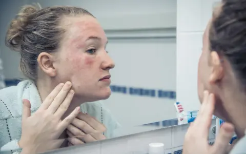 Donna con viso arrossato e irritato si guarda allo specchio, preoccupata che la glicerina viso fa male.