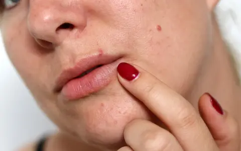 Un dito con smalto rosso tocca un piccolo brufolo sul labbro superiore, evidenziando la texture della pelle.