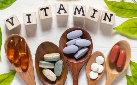 Cucchiaini di legno pieni di pillole e capsule, con le lettere che compongono la parola "VITAMIN" e foglie verdi. Tra le pillole, si nota la vitamina b6.