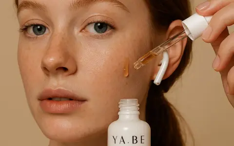 Una goccia di **siero** cade sul viso di una donna con lentiggini. La domanda è: **prima siero o crema**?
