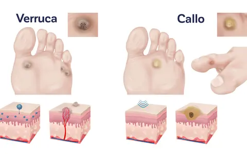 Illustrazione comparativa di verruche e calli, mostrando i diversi tipi e le loro caratteristiche cutanee.