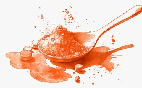 Cucchiaio pieno di polvere arancione, gocce e pillole. Un'illustrazione che evoca la domanda: quanti tipi di collagene esistono?