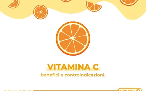 Arance stilizzate e testo "Vitamina C benefici e controindicazioni". Informazioni utili sulla vitamina C sulla pelle.