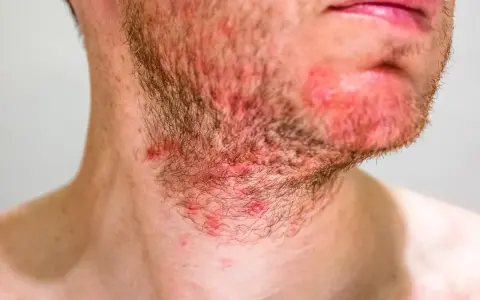 Primo piano del collo di un uomo con irritazione e brufoli sul collo, rossore e peli della barba.