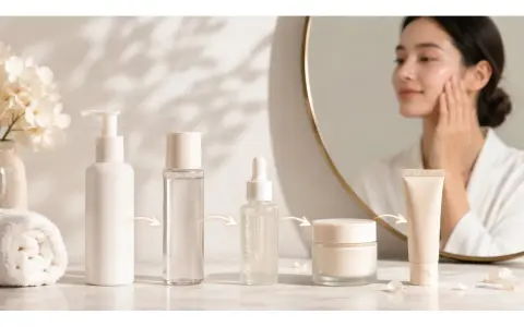 Passaggi skincare serale: flaconi, siero, crema e una donna che si accarezza il viso riflessa nello specchio.