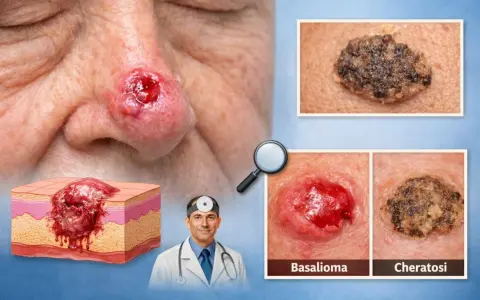 Basalioma sul naso, con sezione anatomica e confronto con cheratosi, una macchia scura dopo crosta.