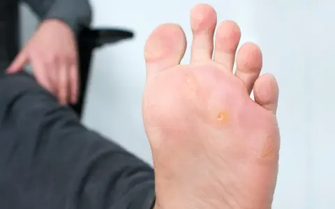 Primo piano di un piede con un occhio di pernice. Scopri come toglierlo facilmente.