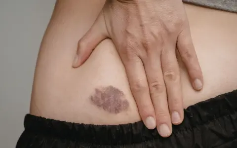 Mano che copre una macchia scura sulla pelle, possibile ipopigmentazione.