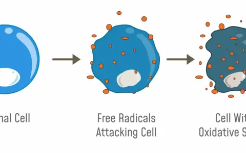 Illustrazione di una cellula normale attaccata da radicali liberi, che porta a stress ossidativo. I radicali liberi sono molecole instabili che danneggiano le cellule.