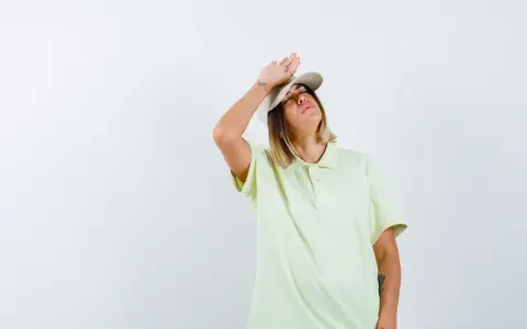 Donna con cappellino e maglietta chiara, mano sulla fronte, con espressione di chi soffre per l'insolazione quanto dura.