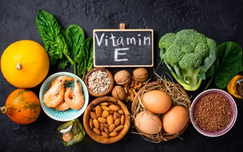 Alimenti ricchi di vitamina E: zucca, spinaci, gamberi, mandorle, semi di girasole, noci, uova, broccoli, grano saraceno e olio.